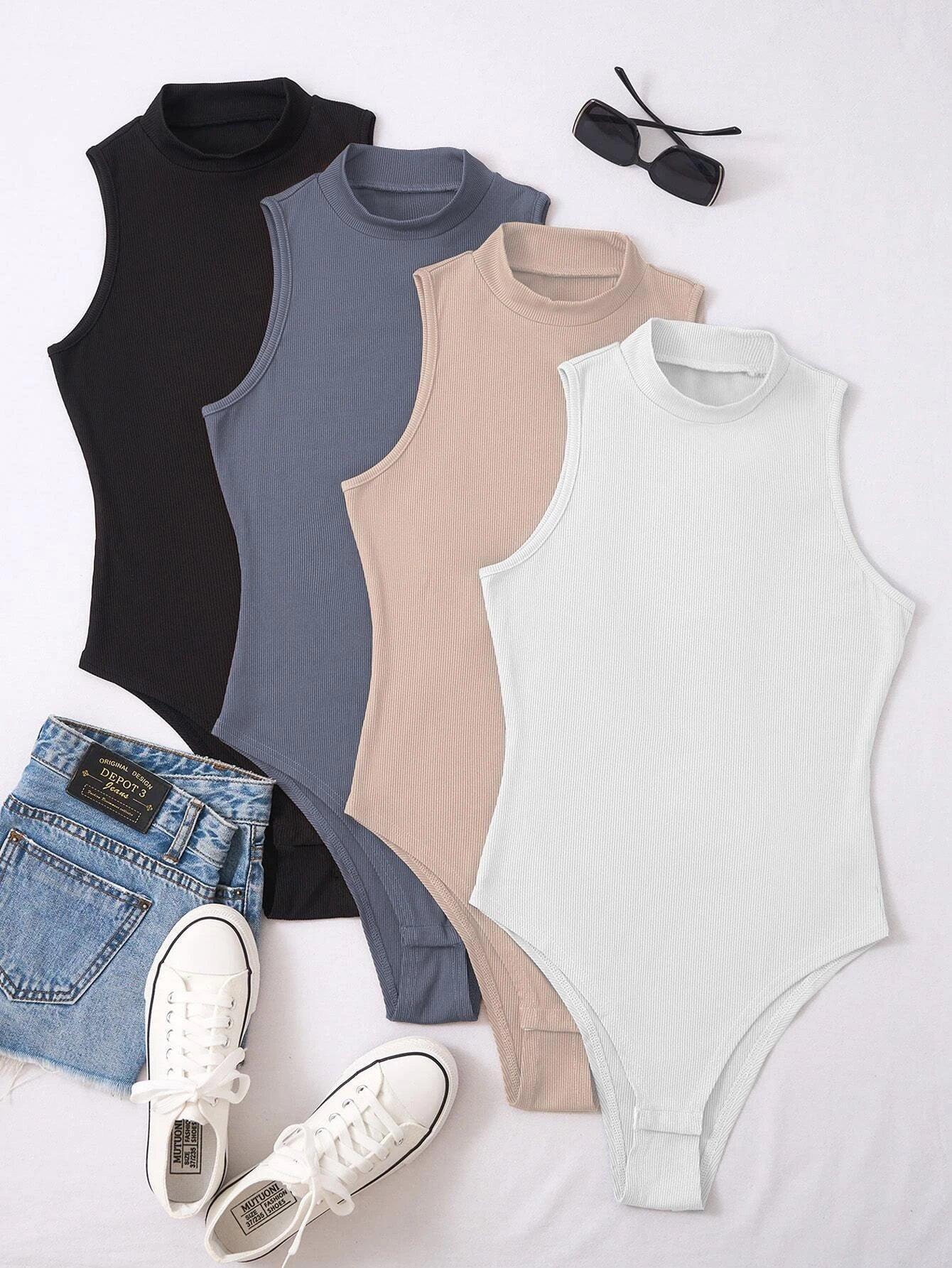 Four Pack Mock Neck Rib Knit Bodysuit-Comfy Jumpsuits