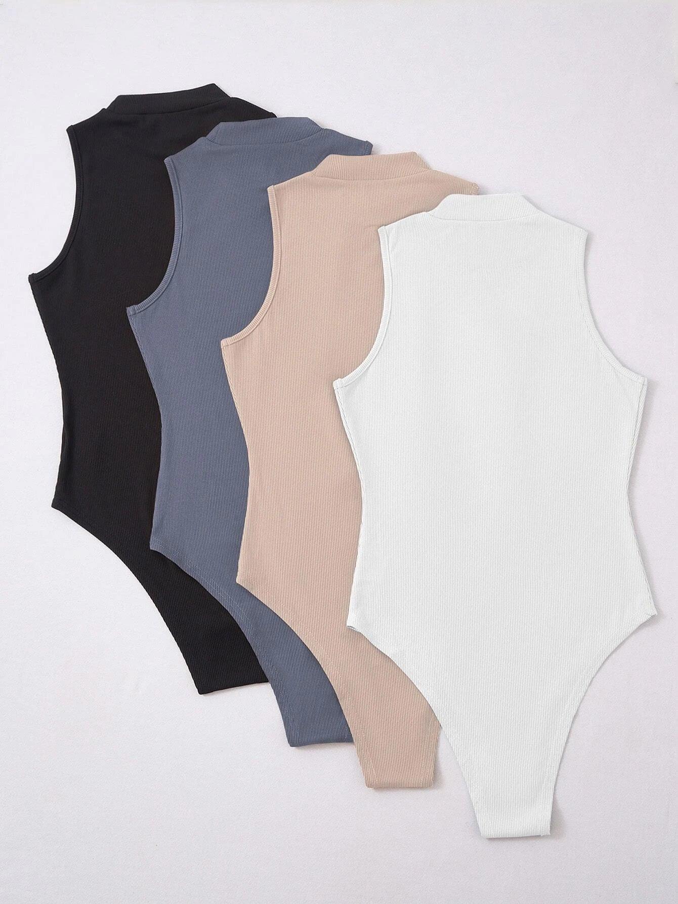 Four Pack Mock Neck Rib Knit Bodysuit-Comfy Jumpsuits