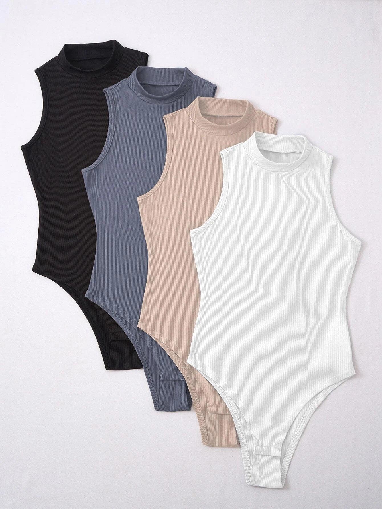 Four Pack Mock Neck Rib Knit Bodysuit-Comfy Jumpsuits