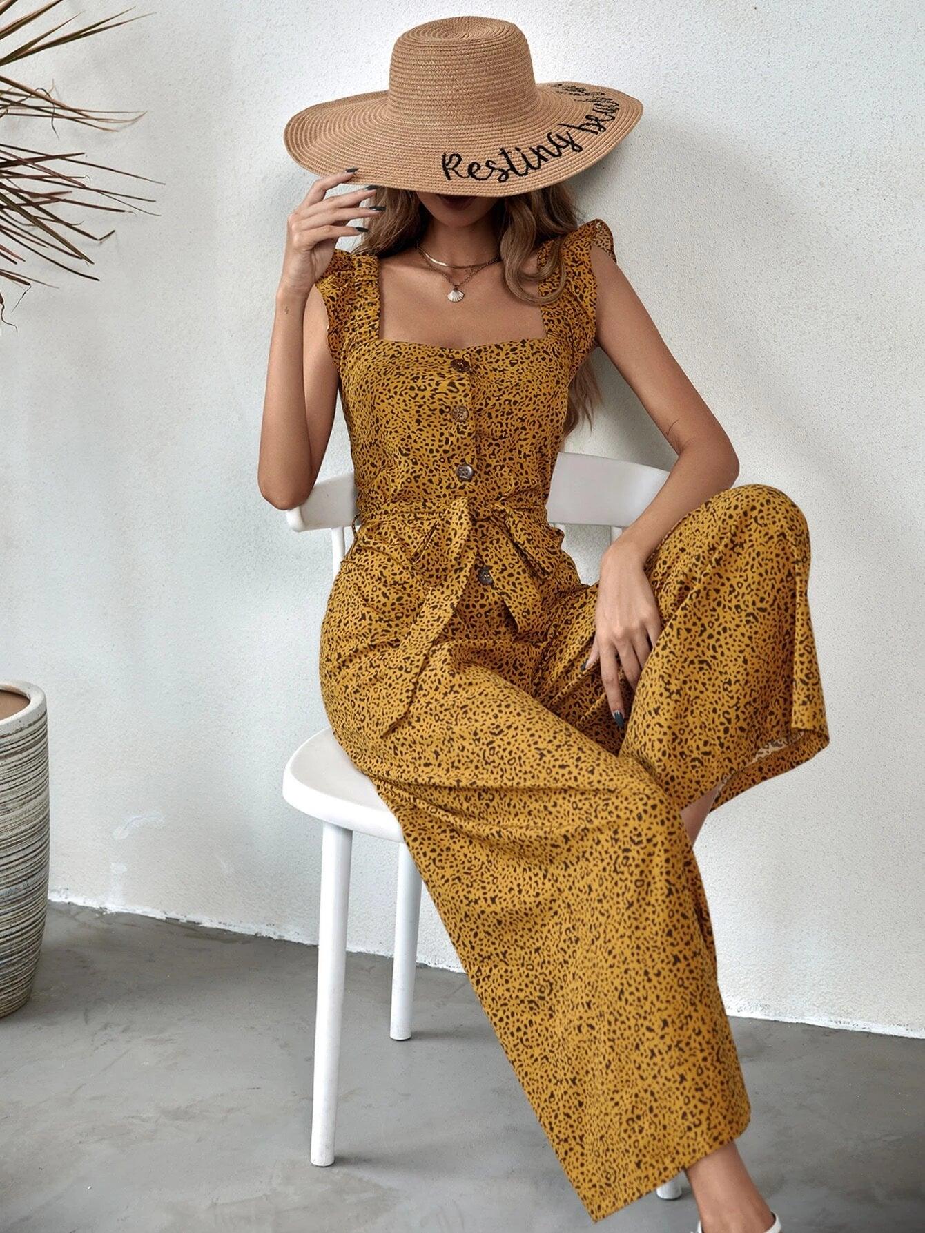 Allover Print Button Front Jumpsuit-Comfy Jumpsuits