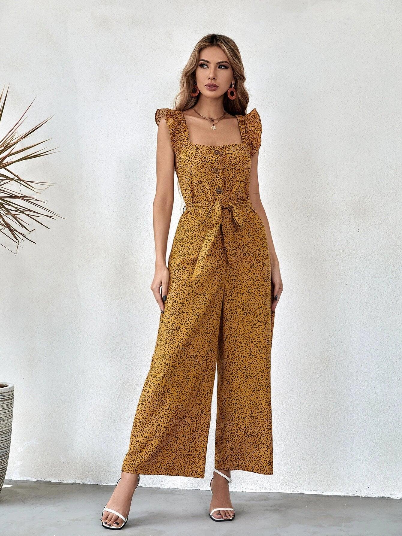 Allover Print Button Front Jumpsuit-Comfy Jumpsuits