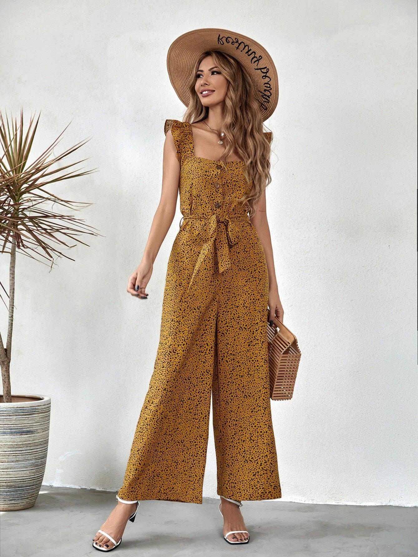 Allover Print Button Front Jumpsuit-Comfy Jumpsuits