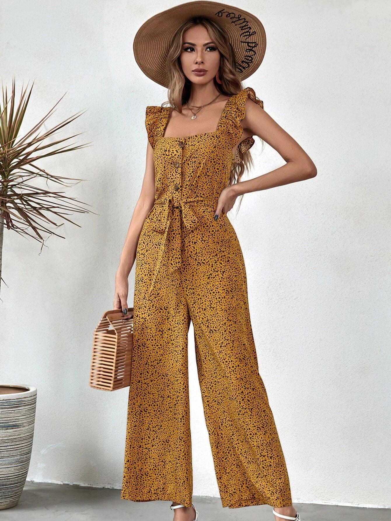 Allover Print Button Front Jumpsuit-Comfy Jumpsuits