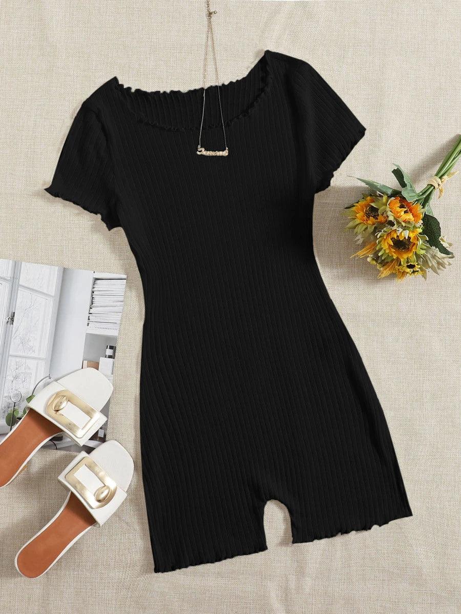 Lettuce Trim Rib Knit Skinny Romper-Comfy Jumpsuits