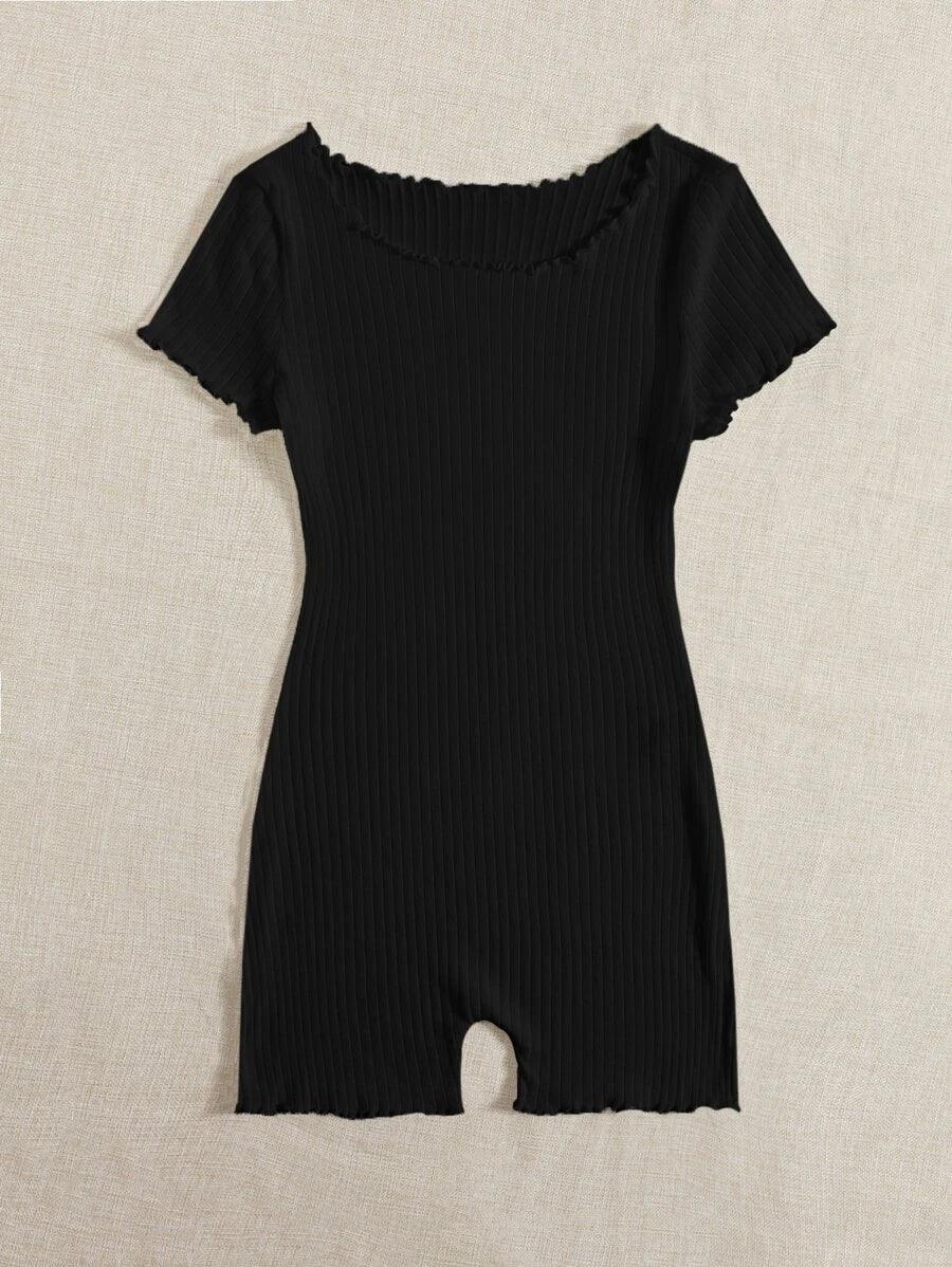 Lettuce Trim Rib Knit Skinny Romper-Comfy Jumpsuits