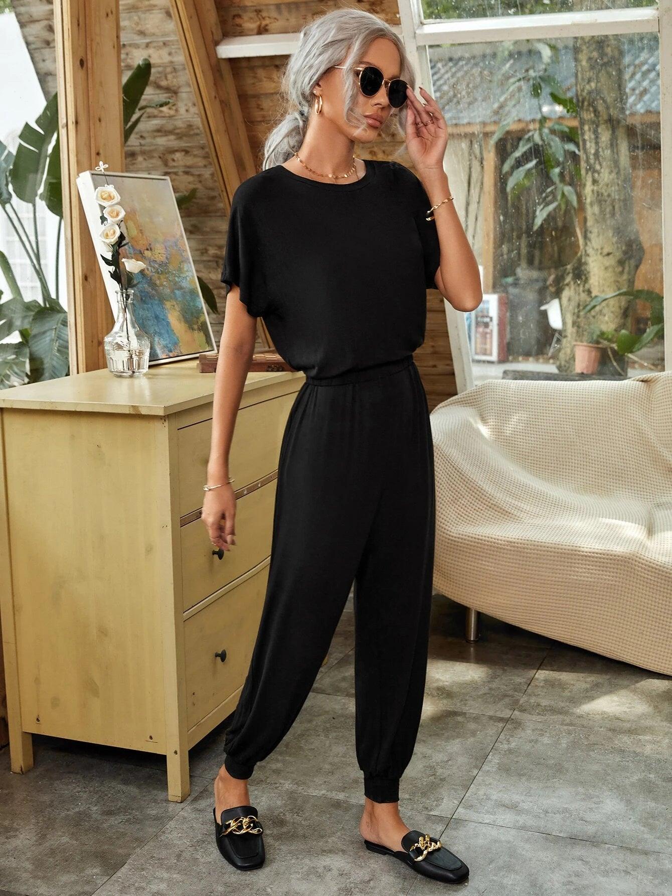 Solid Keyhole Back Elastic Waist Jumpsuit-Comfy Jumpsuits