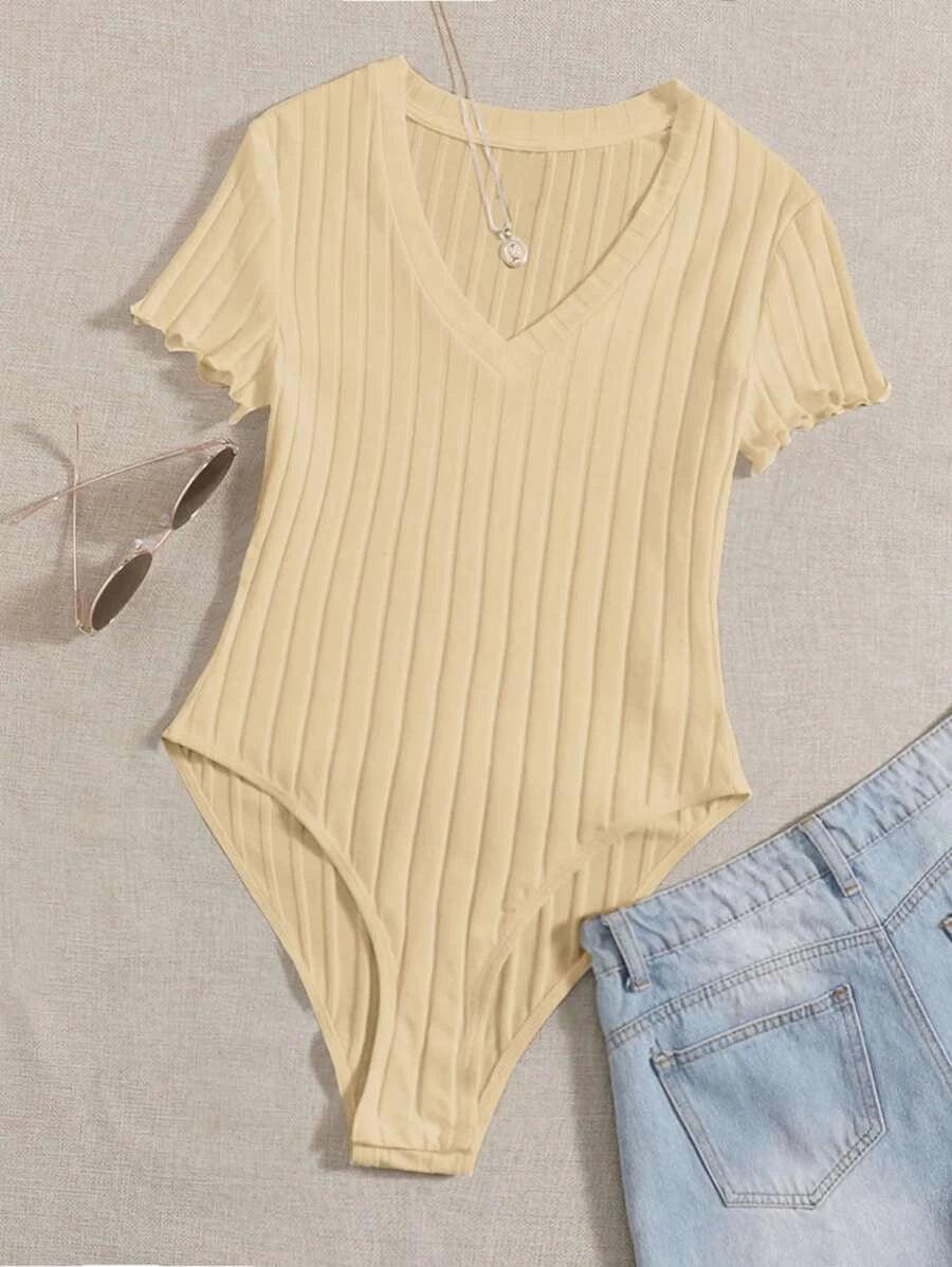 Lettuce Trim Rib Knit Bodysuit-Comfy Jumpsuits