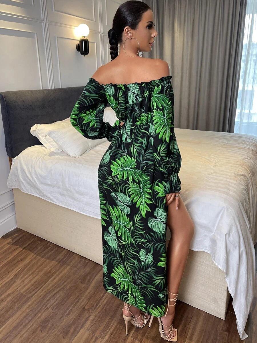 Tropical Print Off Shoulder Flounce Sleeve High Cut Overlay Romper-Comfy Jumpsuits