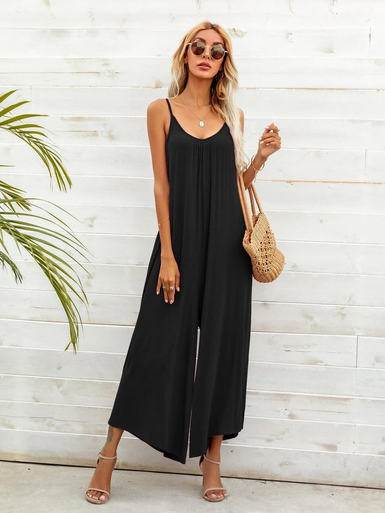 Solid Wide Leg Cami Jumpsuit-Comfy Jumpsuits