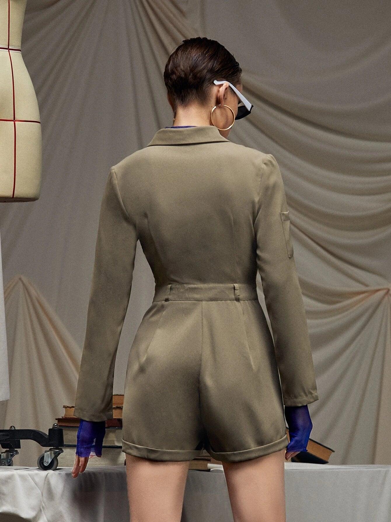 Lapel Collar Patched Pocket Roll Hem Romper Without Belt-Comfy Jumpsuits