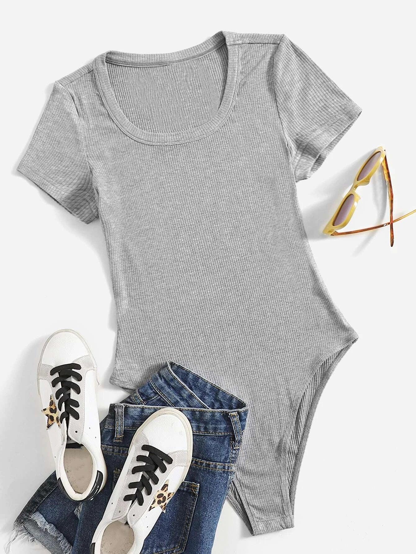 Scoop Neck Rib-Knit Bodysuit-Comfy Jumpsuits