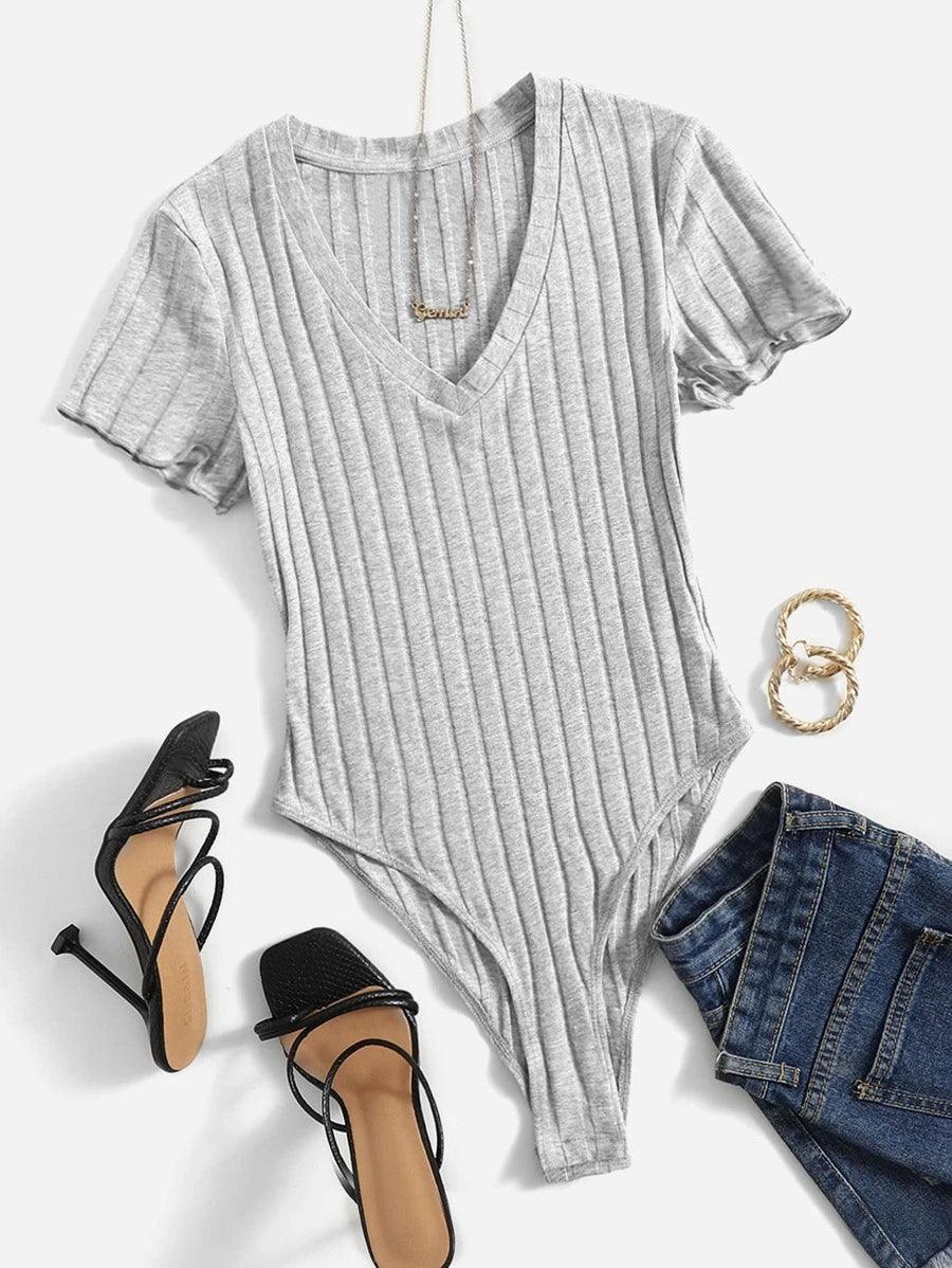 Casual Lettuce Trim Rib Knit Bodysuit-Comfy Jumpsuits