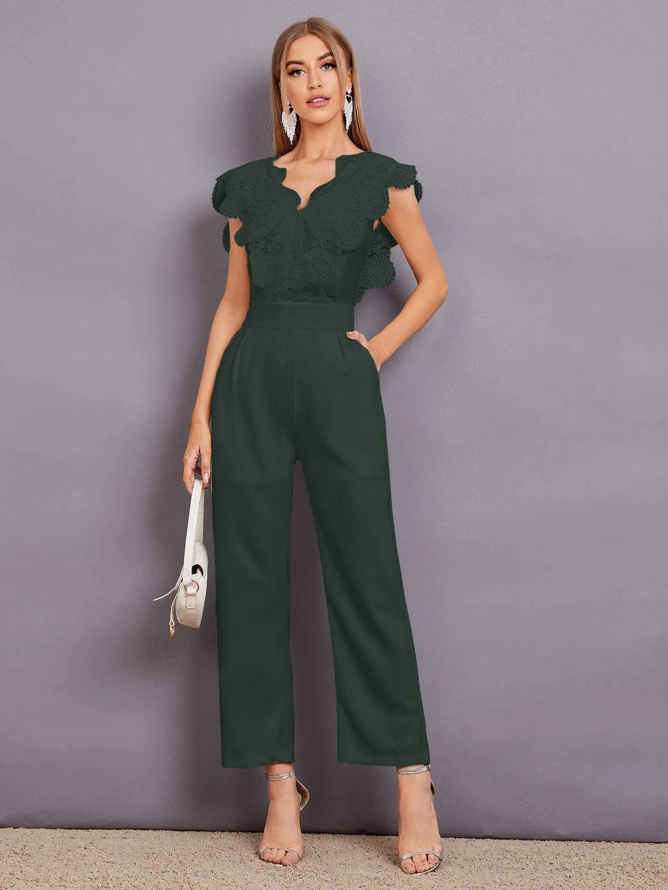 Contrast Lace Scallop Trim Jumpsuit-Comfy Jumpsuits
