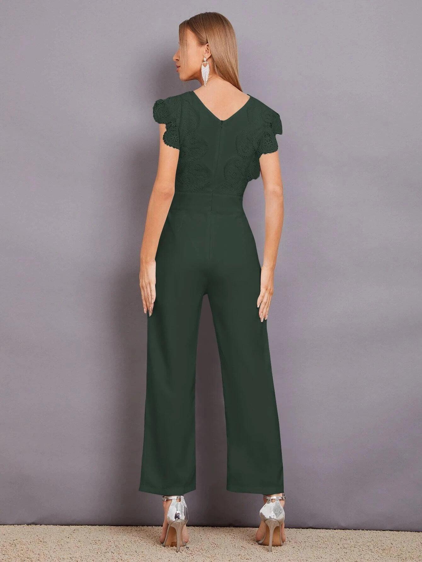 Contrast Lace Scallop Trim Jumpsuit-Comfy Jumpsuits