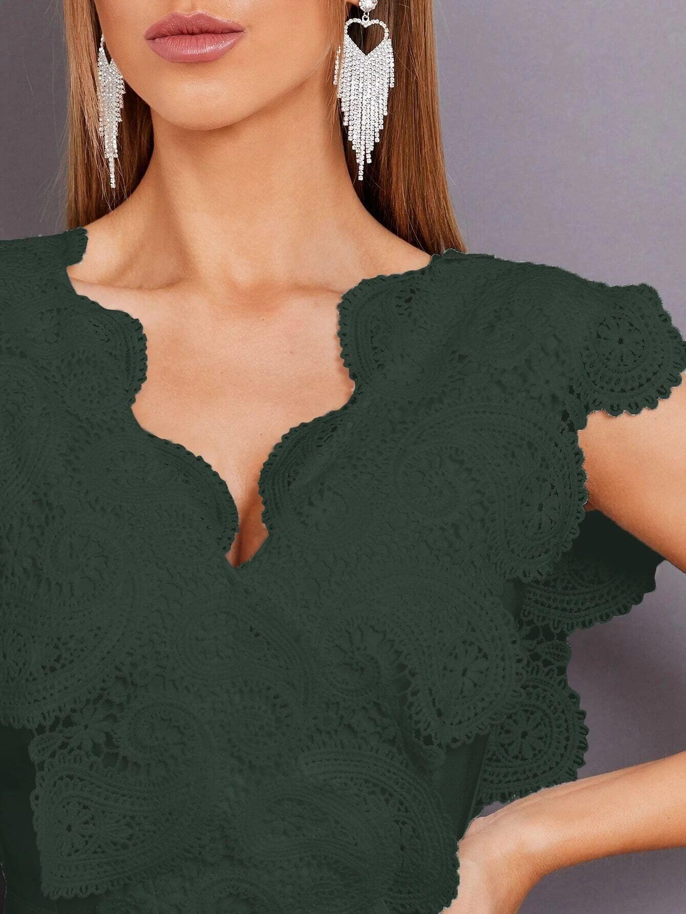 Contrast Lace Scallop Trim Jumpsuit-Comfy Jumpsuits