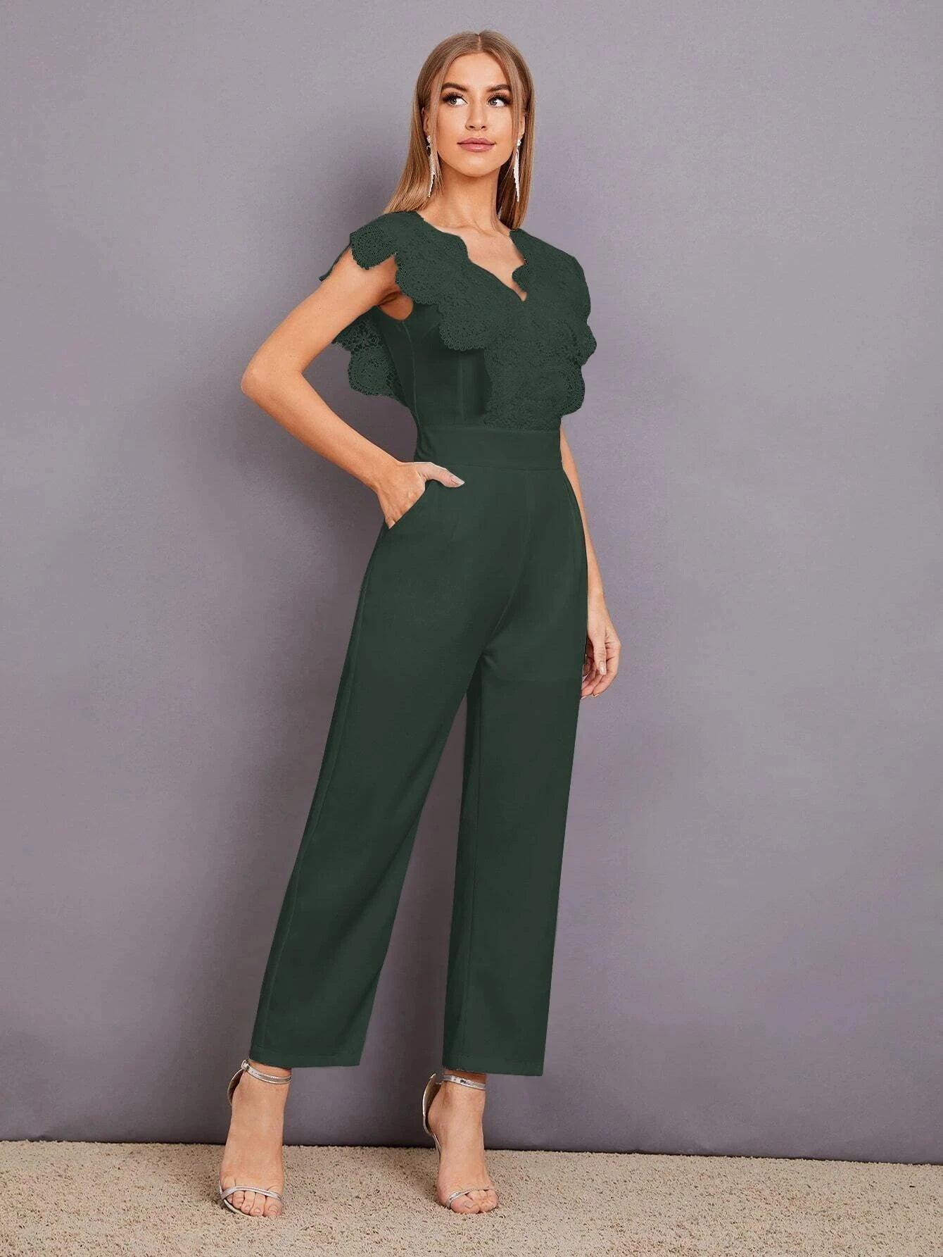 Contrast Lace Scallop Trim Jumpsuit-Comfy Jumpsuits