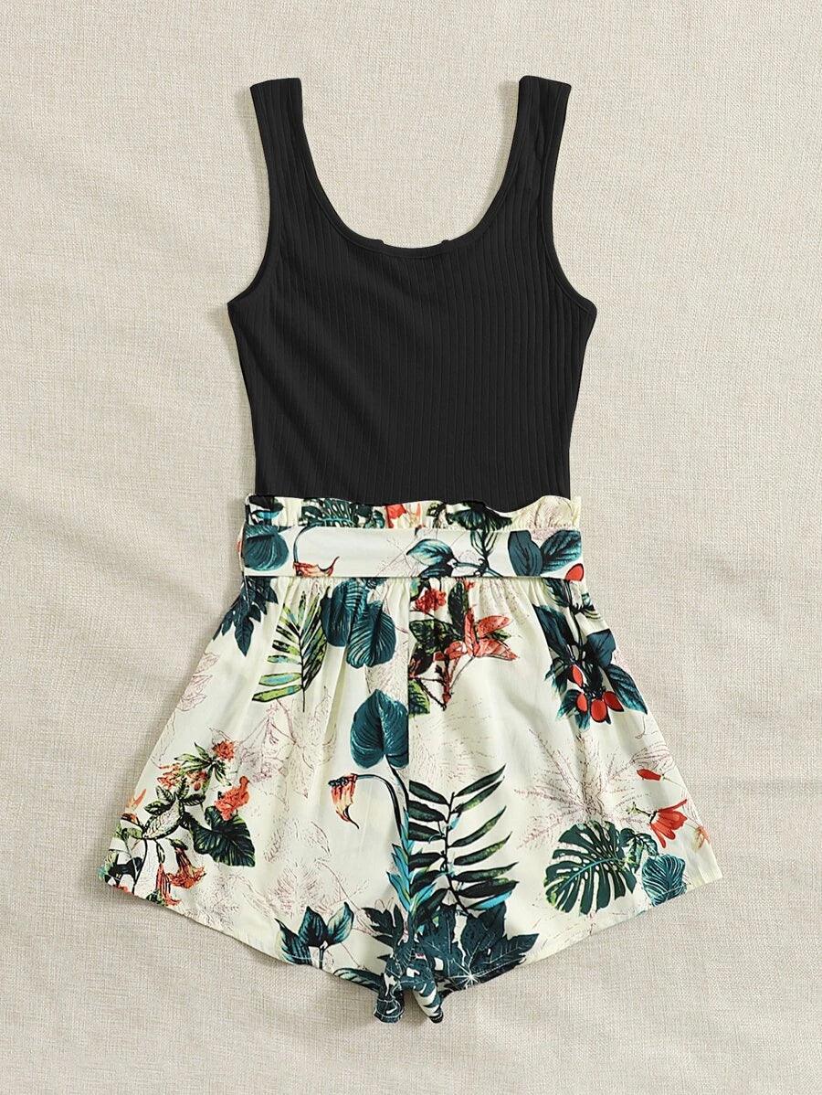 Tropical Print Paperbag Waist Belted Combo Tank Romper-Comfy Jumpsuits