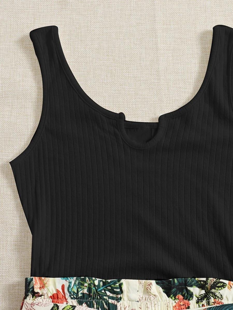 Tropical Print Paperbag Waist Belted Combo Tank Romper-Comfy Jumpsuits