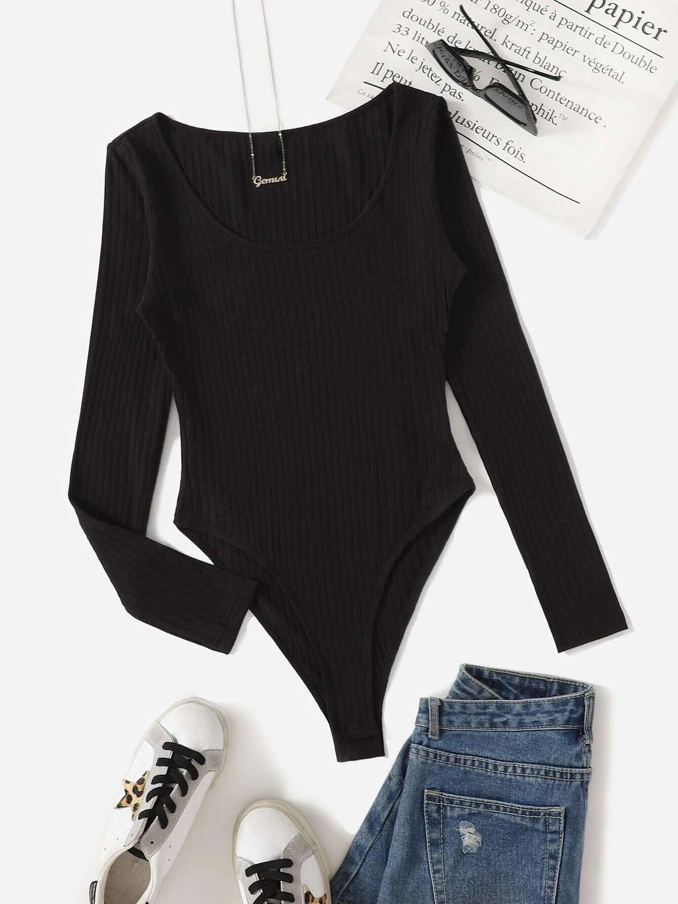 Ribbed Knit Bodysuit-Comfy Jumpsuits