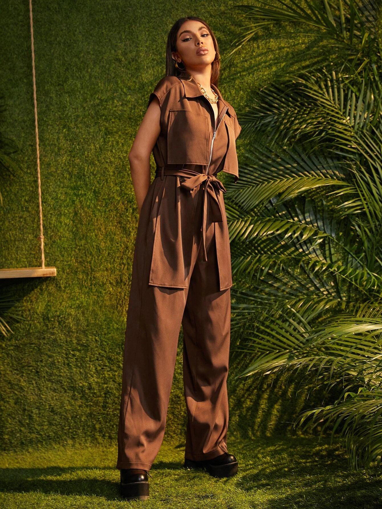 Casual Sleeveless Belted Jumpsuit-Comfy Jumpsuits