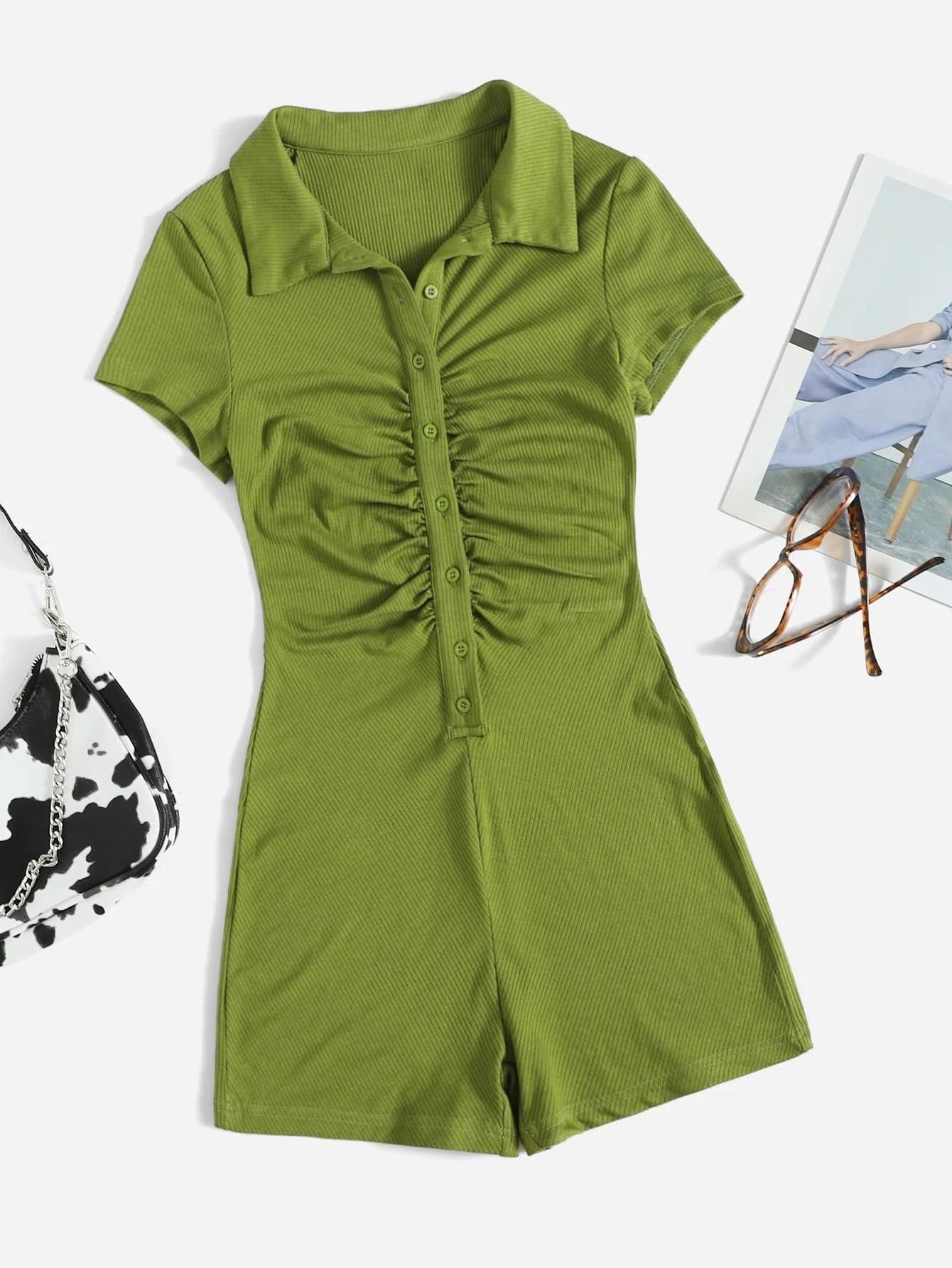 Button Placket Ruched Front Rib-knit Solid Romper-Comfy Jumpsuits