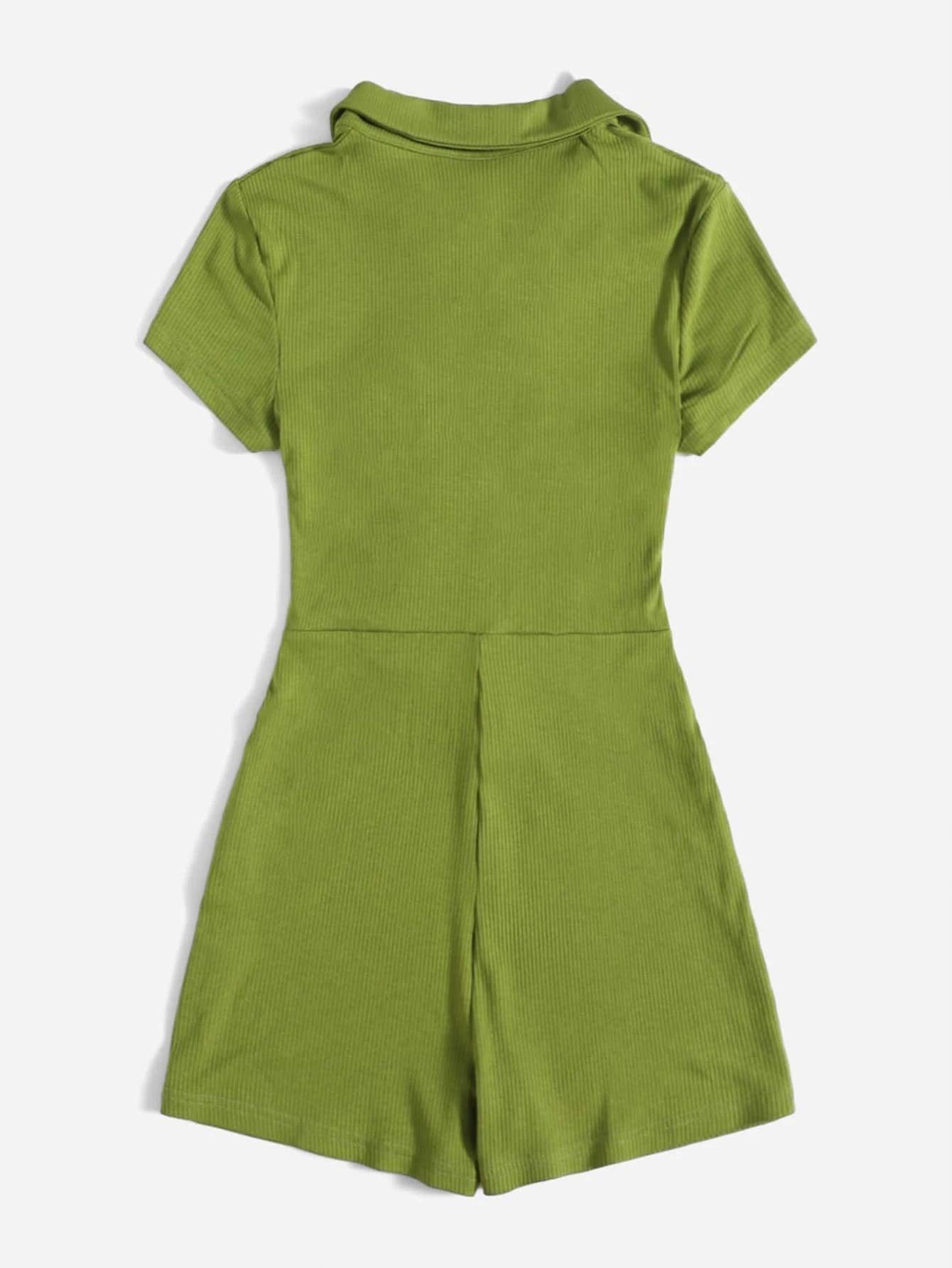 Button Placket Ruched Front Rib-knit Solid Romper-Comfy Jumpsuits