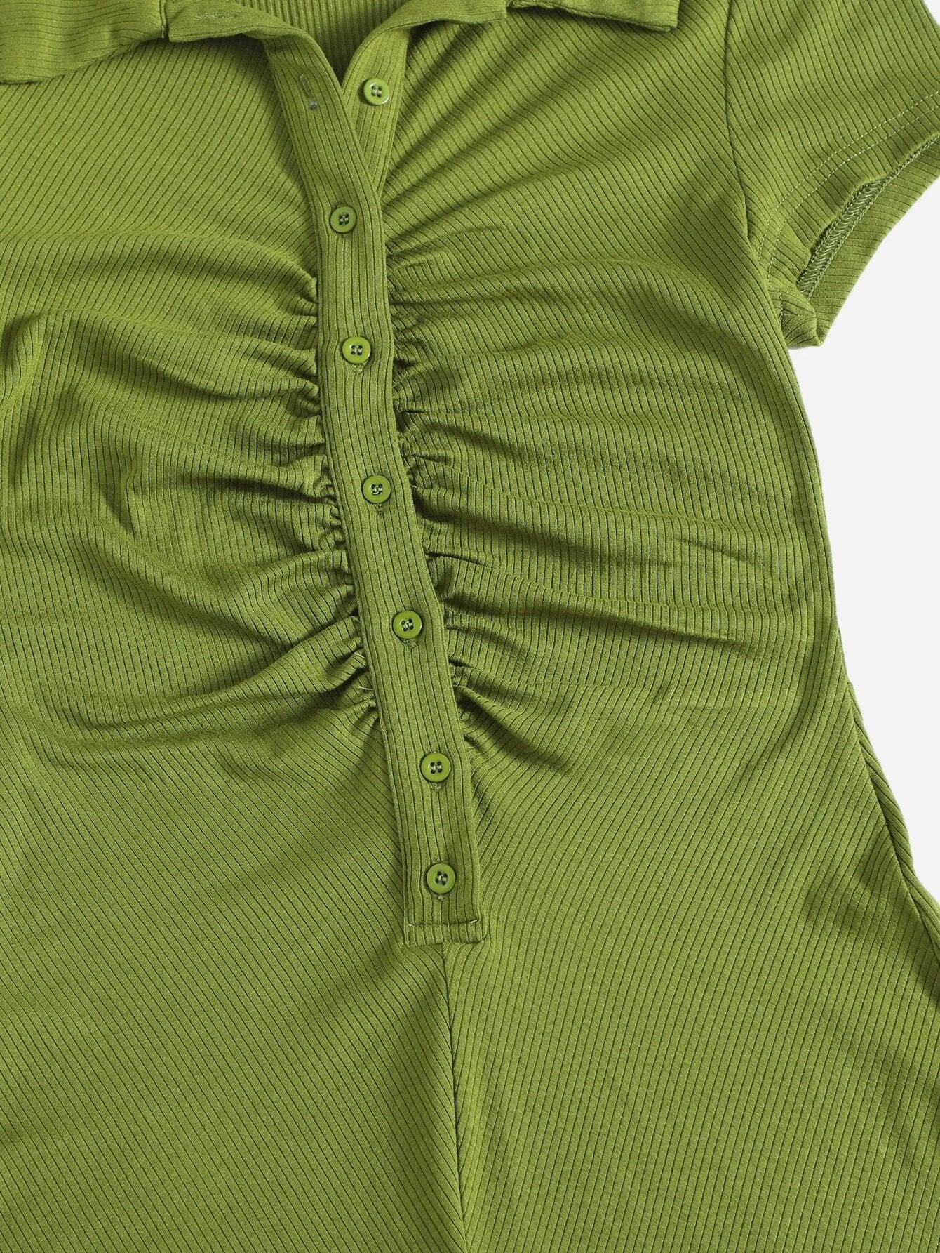 Button Placket Ruched Front Rib-knit Solid Romper-Comfy Jumpsuits