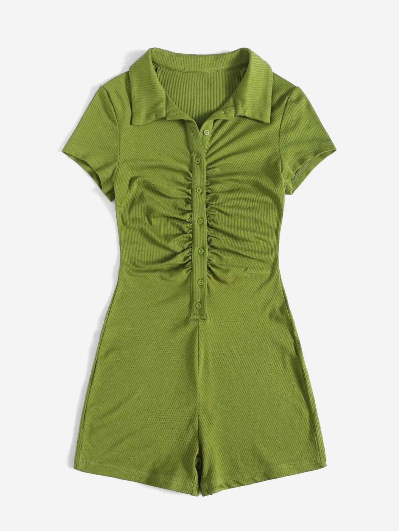 Button Placket Ruched Front Rib-knit Solid Romper-Comfy Jumpsuits