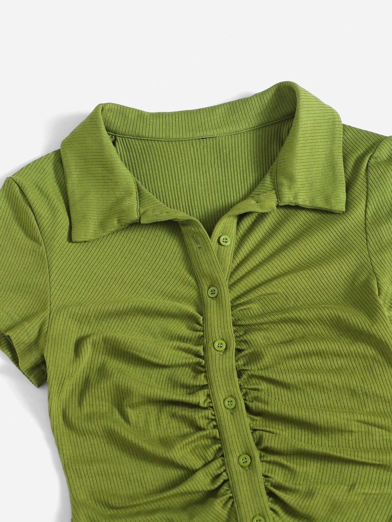 Button Placket Ruched Front Rib-knit Solid Romper-Comfy Jumpsuits