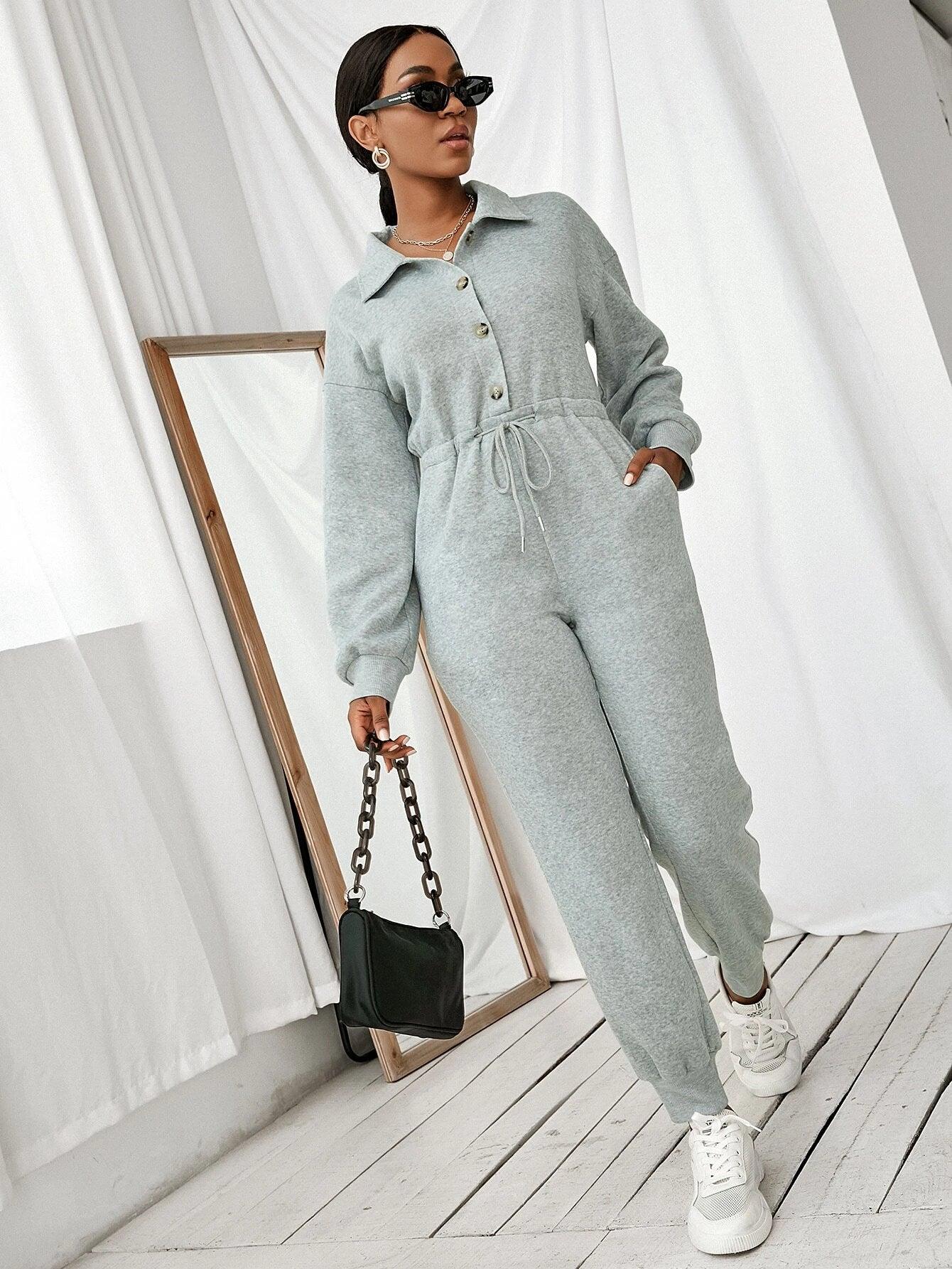 Drop Shoulder Long Sleeve Jumpsuit-Comfy Jumpsuits