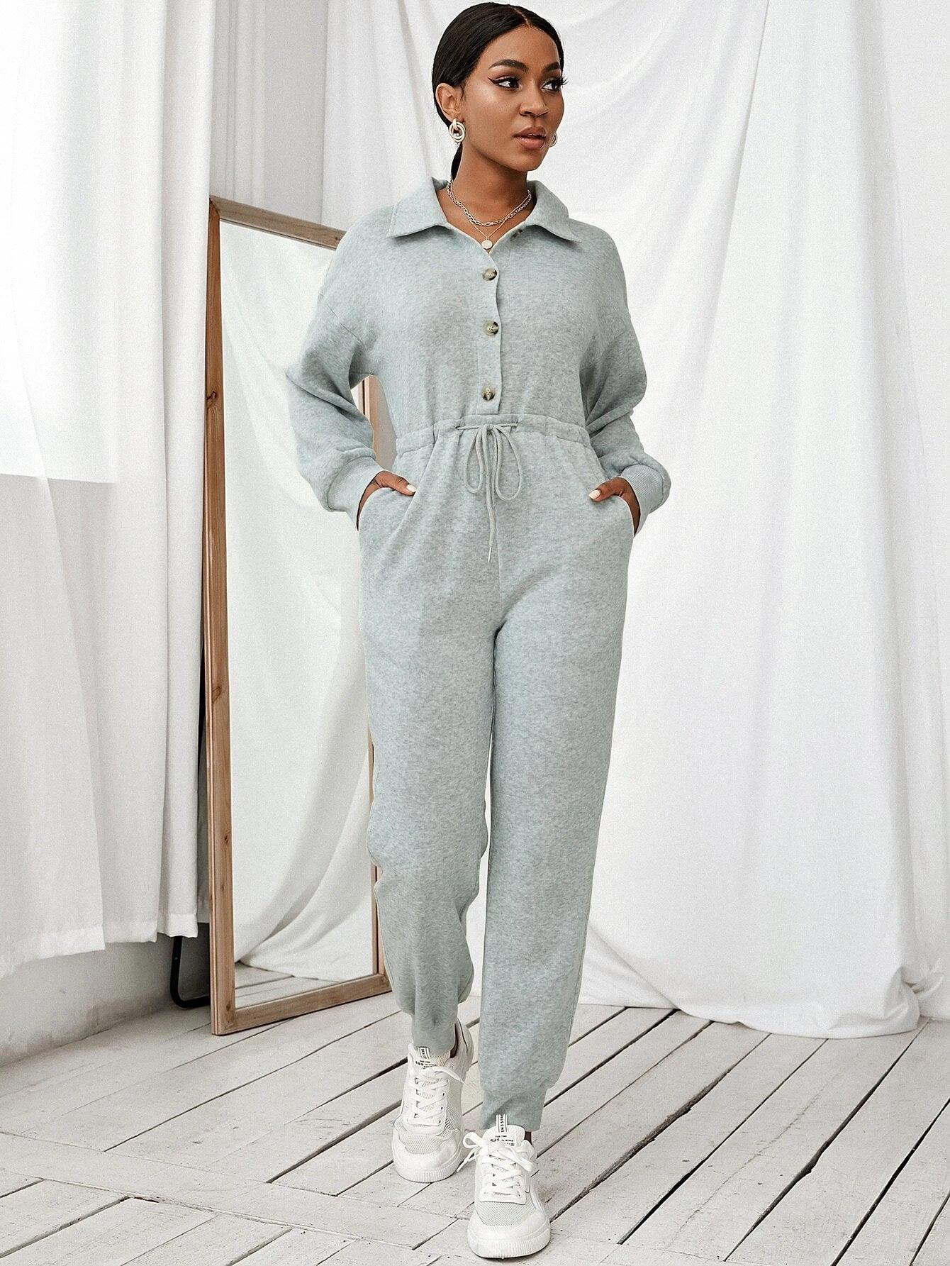 Drop Shoulder Long Sleeve Jumpsuit-Comfy Jumpsuits