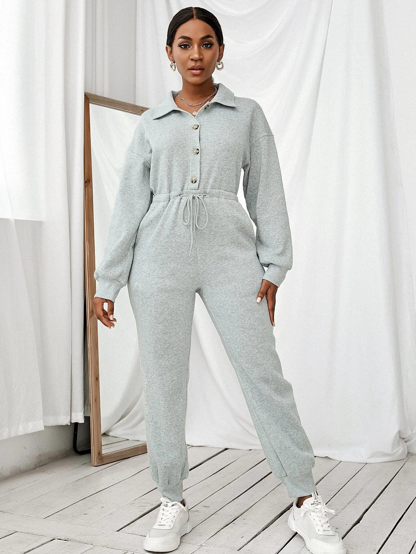 Drop Shoulder Long Sleeve Jumpsuit-Comfy Jumpsuits