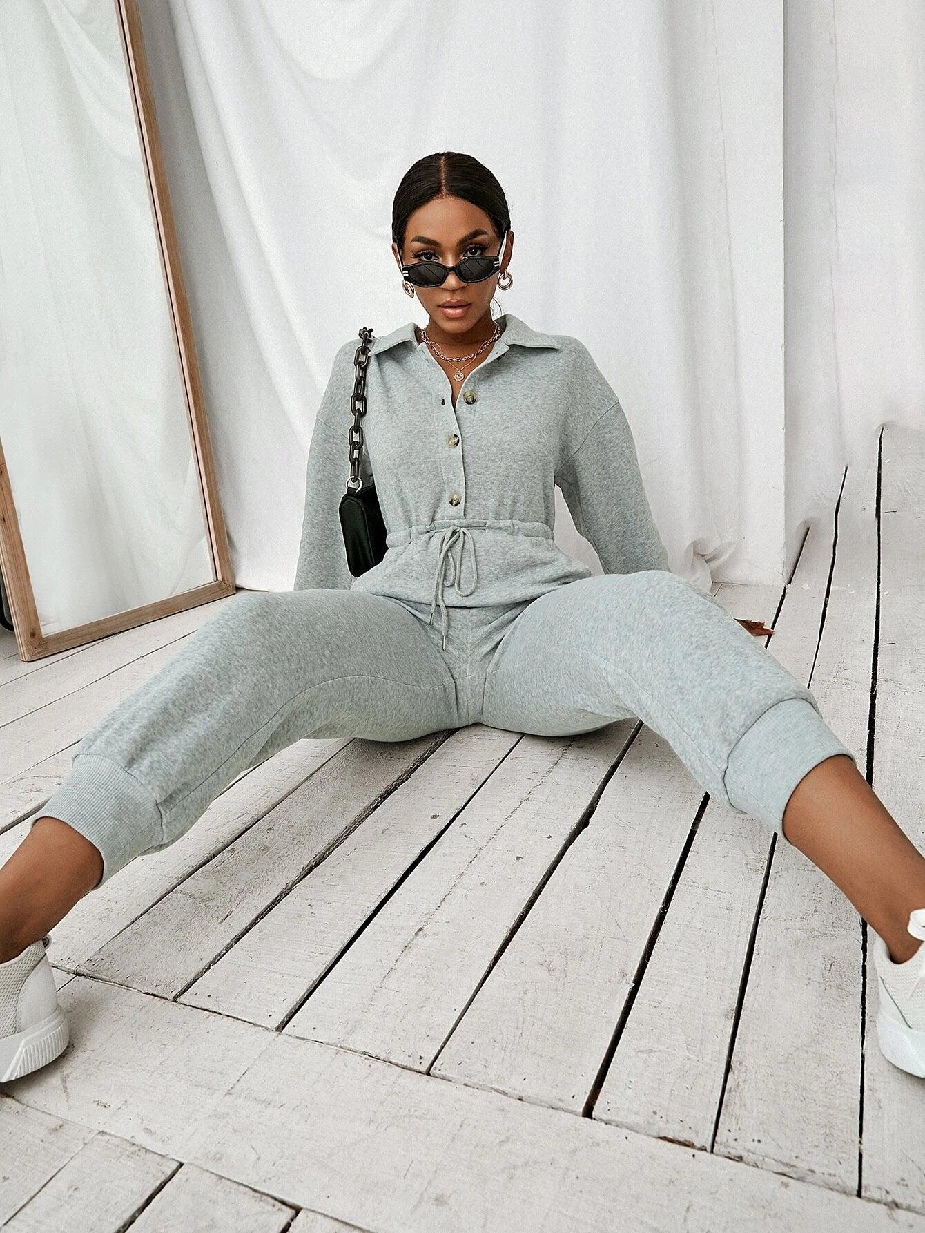 Drop Shoulder Long Sleeve Jumpsuit-Comfy Jumpsuits