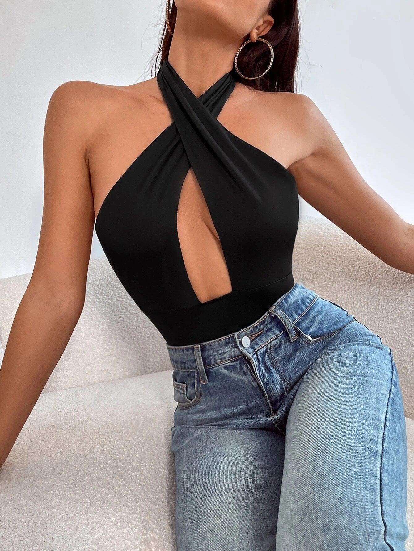Cut Out Backless Halter Bodysuit-Comfy Jumpsuits