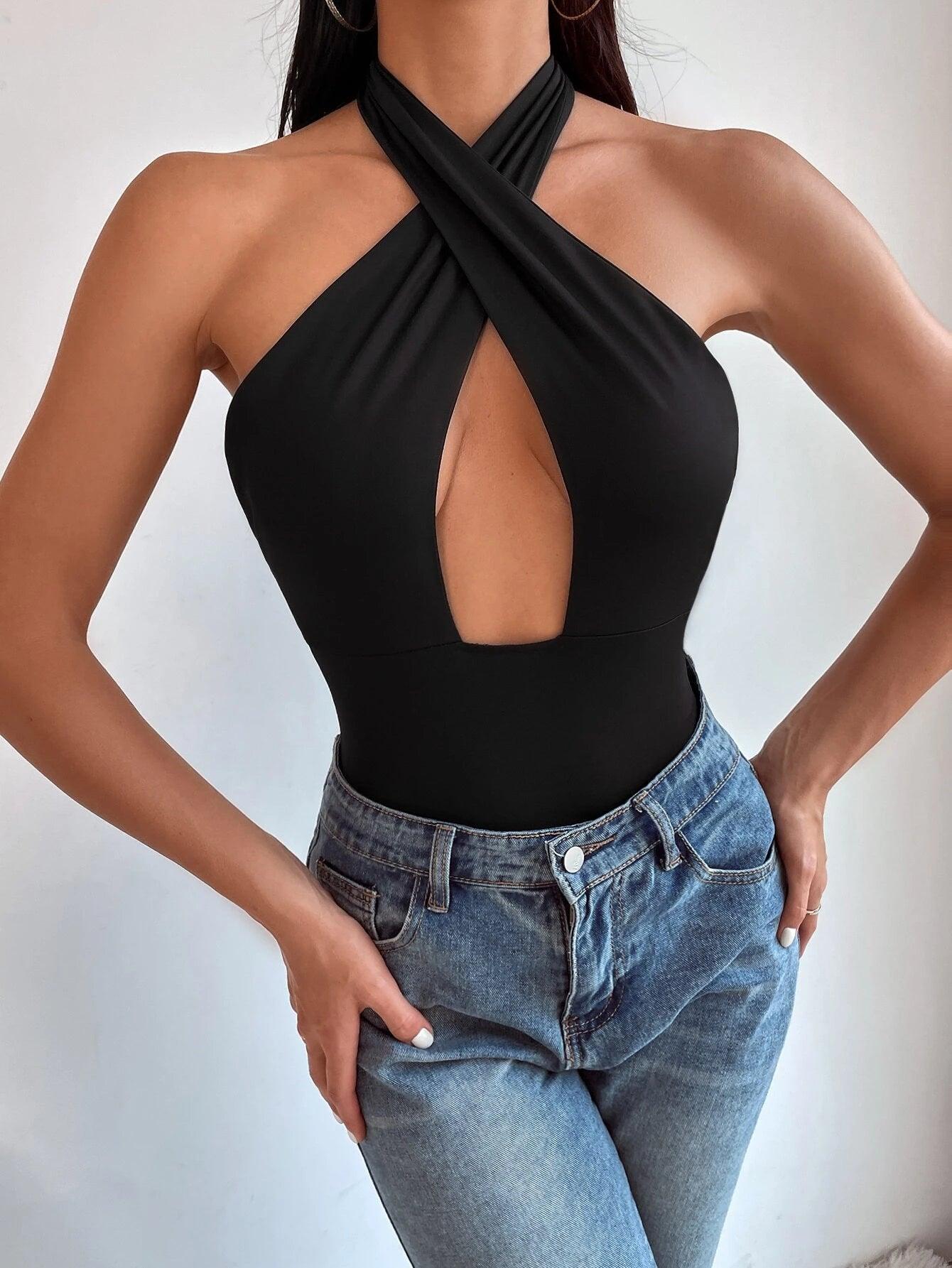 Cut Out Backless Halter Bodysuit-Comfy Jumpsuits