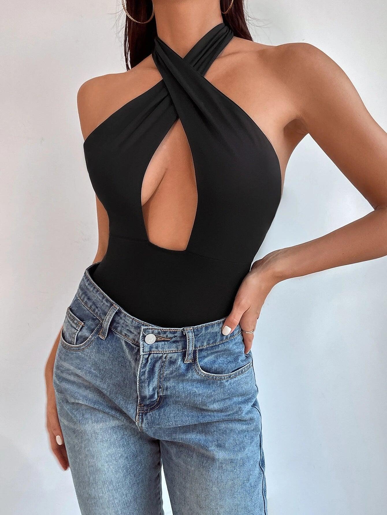 Cut Out Backless Halter Bodysuit-Comfy Jumpsuits