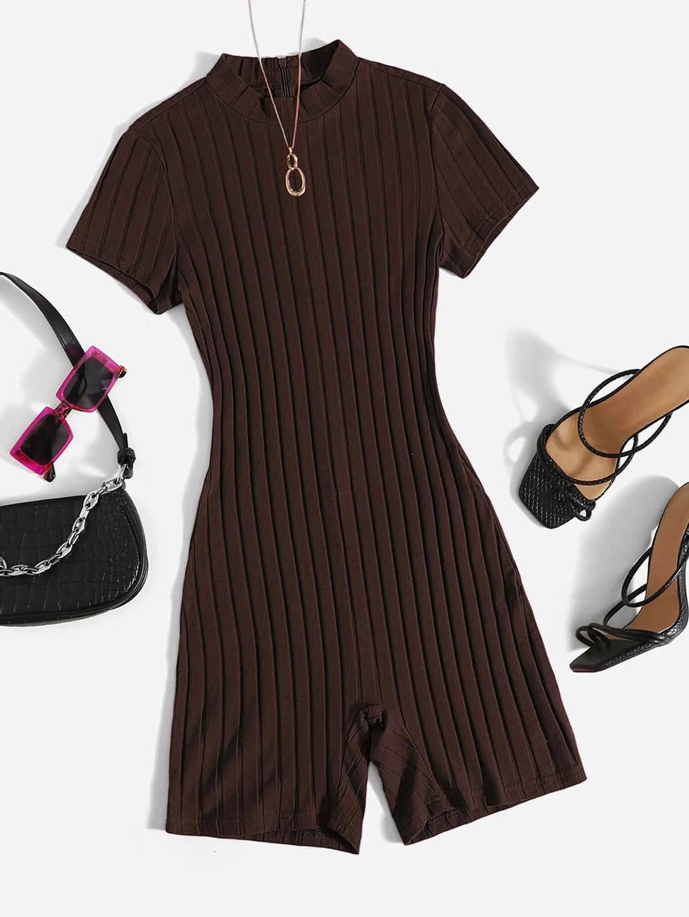 Mock Neck Rib-knit Unitard Romper-Comfy Jumpsuits