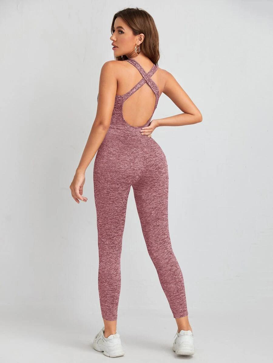 Crisscross Backless Marled Unitard Jumpsuit-Comfy Jumpsuits