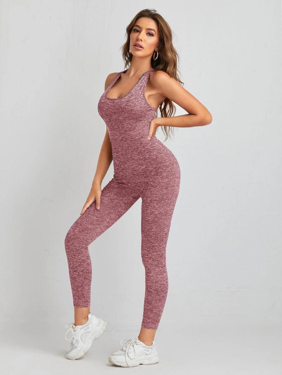 Crisscross Backless Marled Unitard Jumpsuit-Comfy Jumpsuits