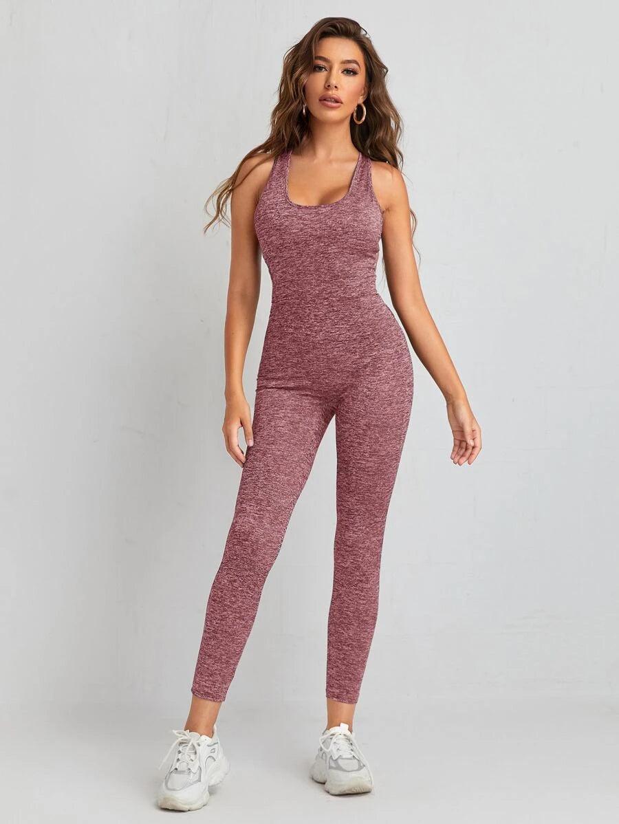 Crisscross Backless Marled Unitard Jumpsuit-Comfy Jumpsuits