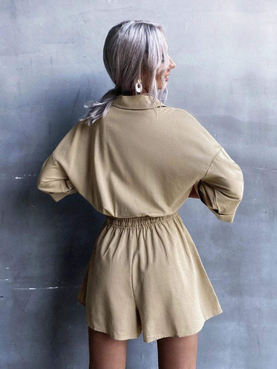 Drop Shoulder Patched Romper-Comfy Jumpsuits