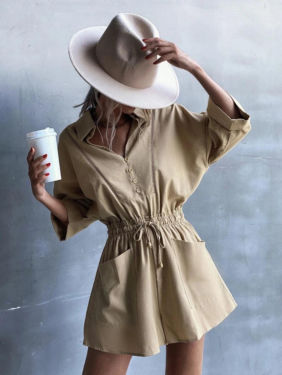 Drop Shoulder Patched Romper-Comfy Jumpsuits