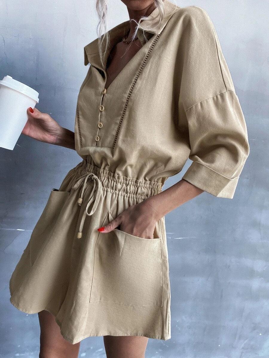Drop Shoulder Patched Romper-Comfy Jumpsuits