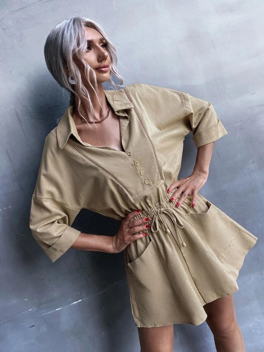 Drop Shoulder Patched Romper-Comfy Jumpsuits