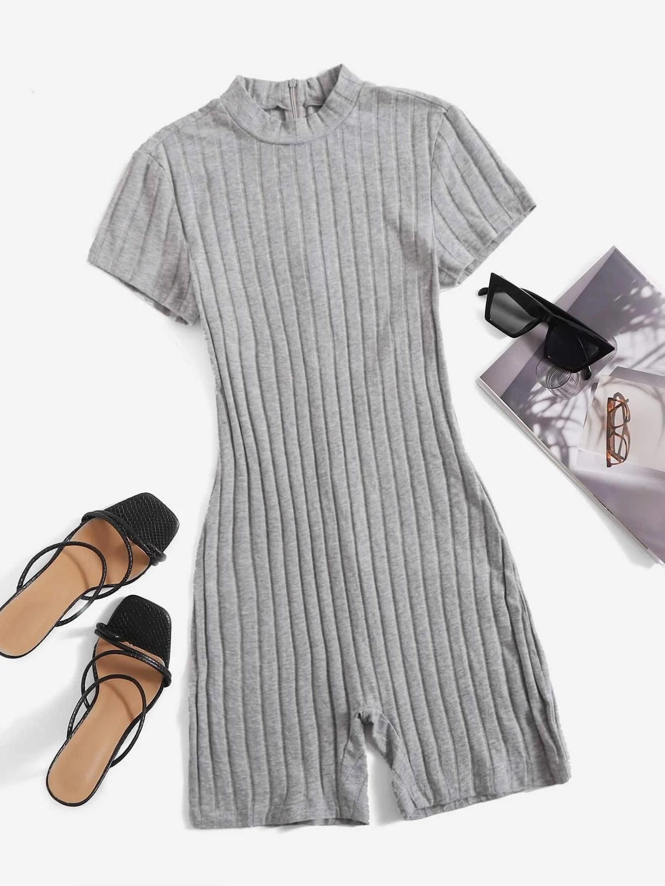 Mock Neck Rib-knit Unitard Romper-Comfy Jumpsuits