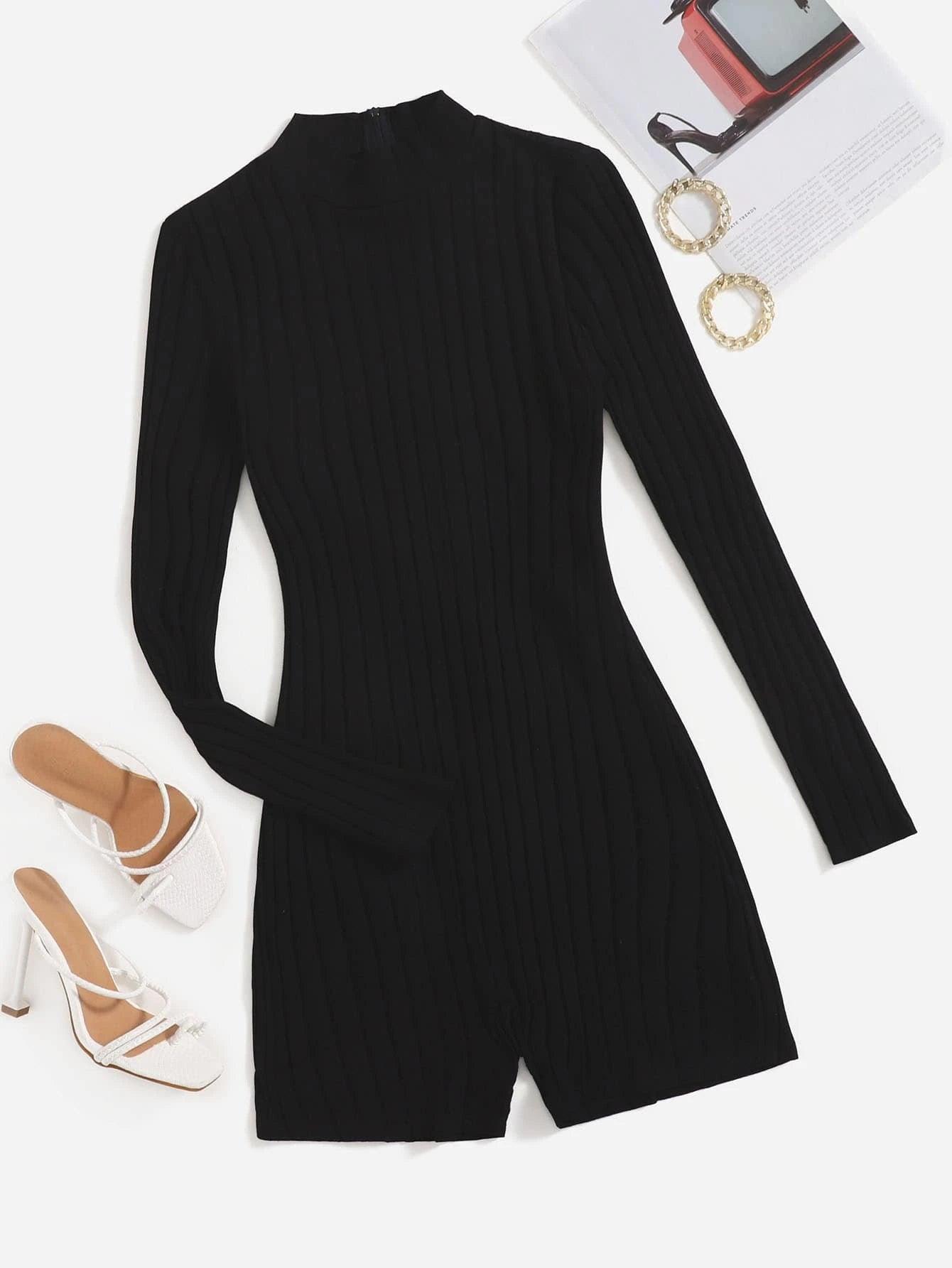 Mock Neck Ribbed Knit Romper-Comfy Jumpsuits