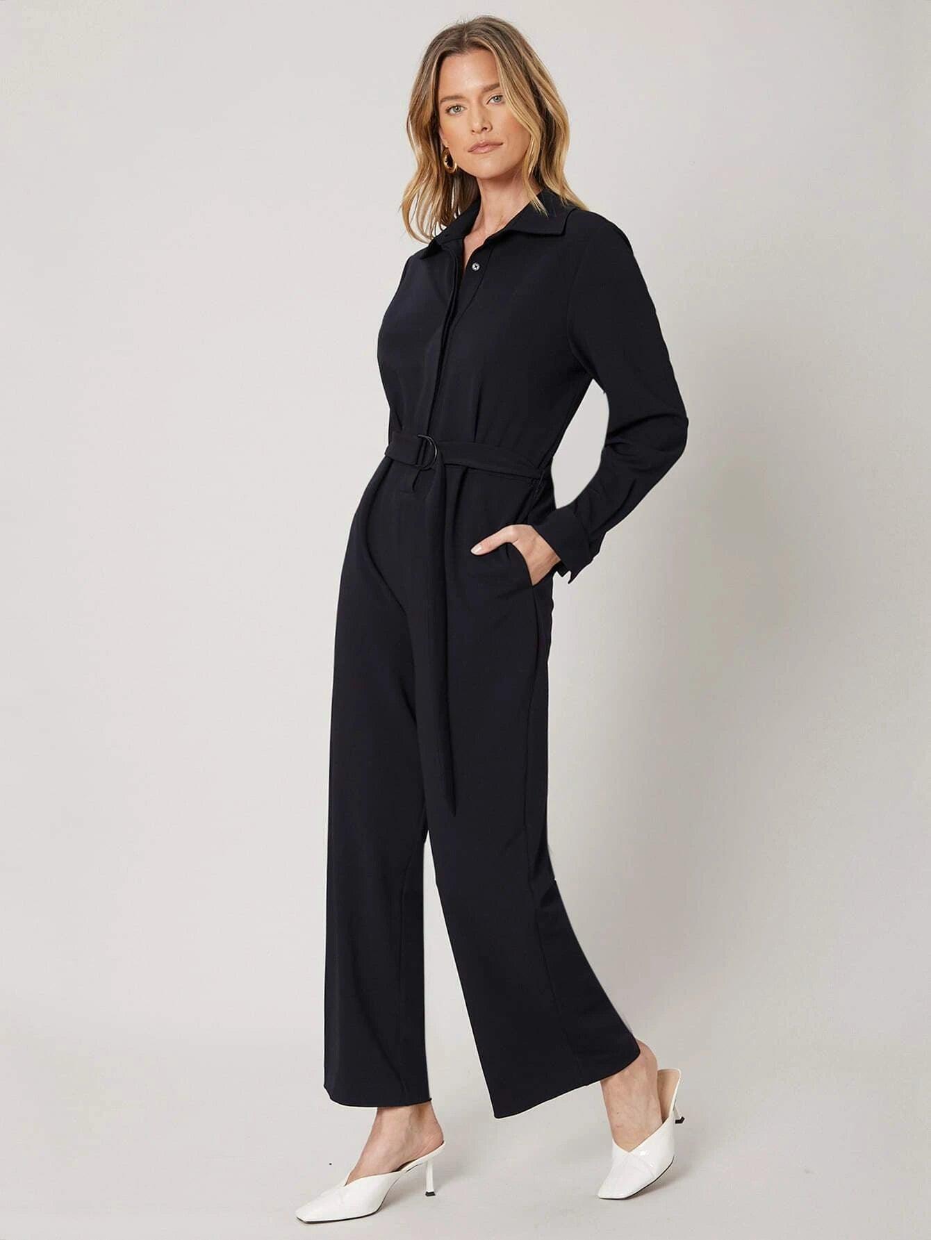 Long Sleeve Belted Shirt Jumpsuit-Comfy Jumpsuits