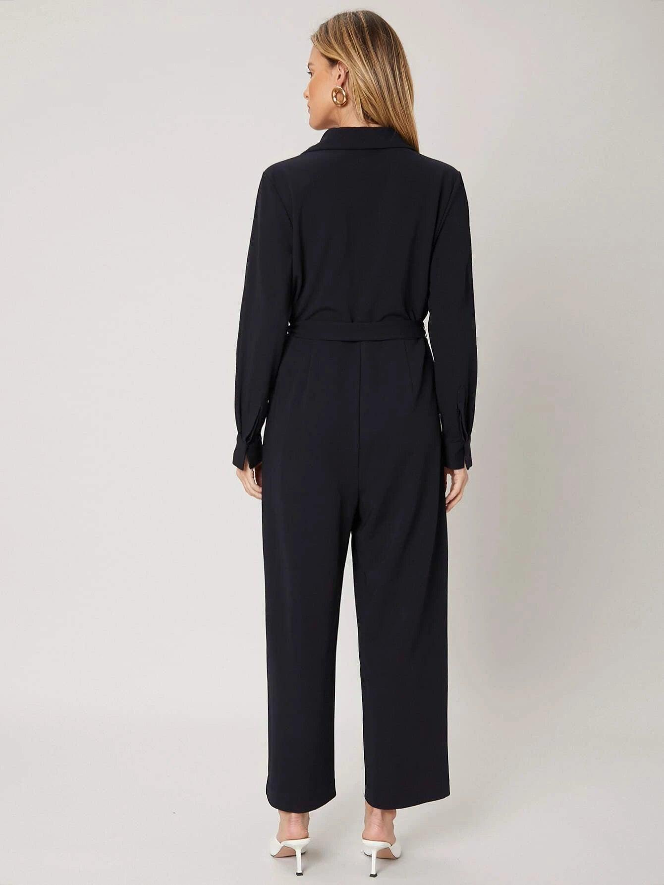 Long Sleeve Belted Shirt Jumpsuit-Comfy Jumpsuits