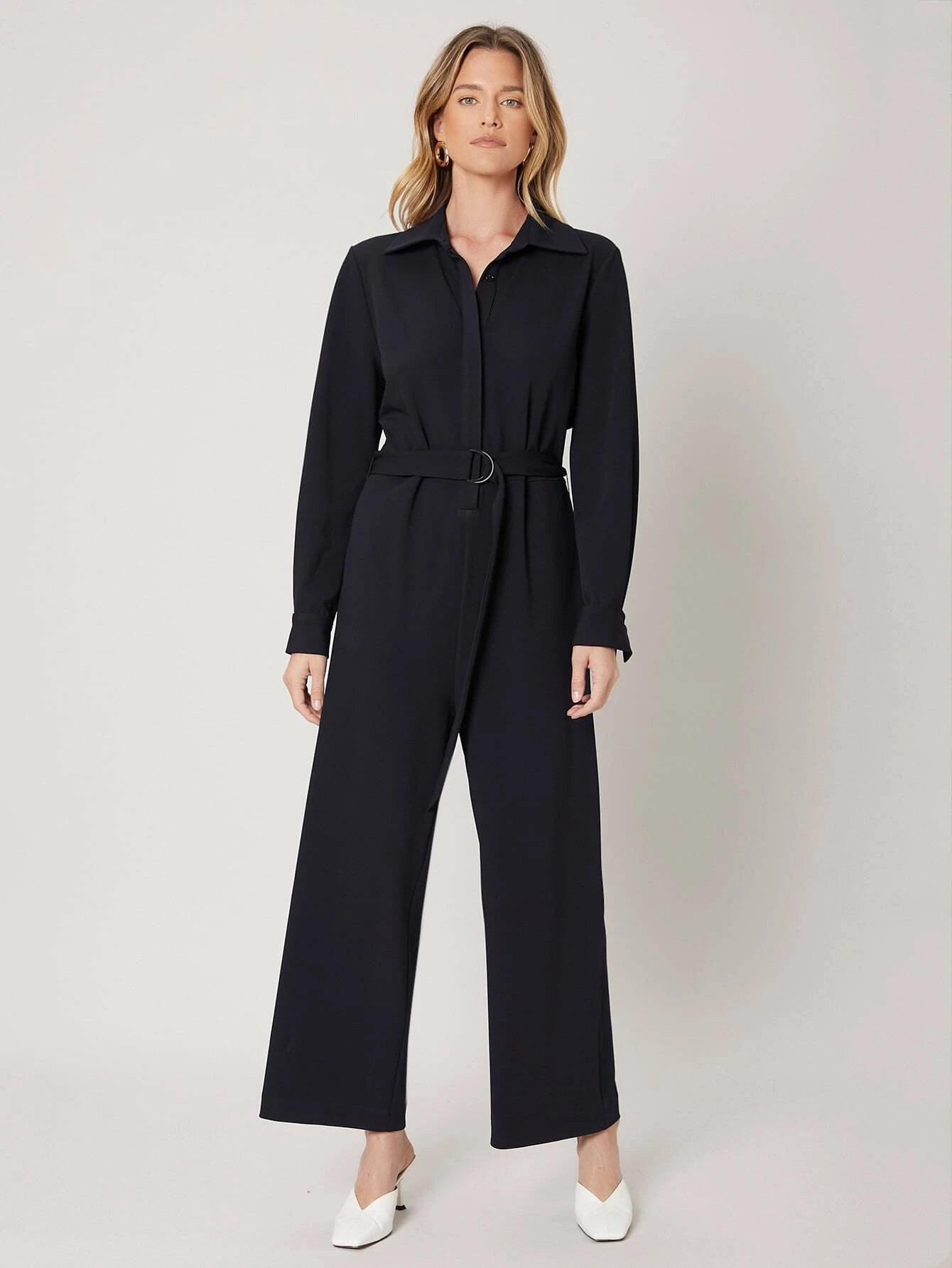 Long Sleeve Belted Shirt Jumpsuit-Comfy Jumpsuits