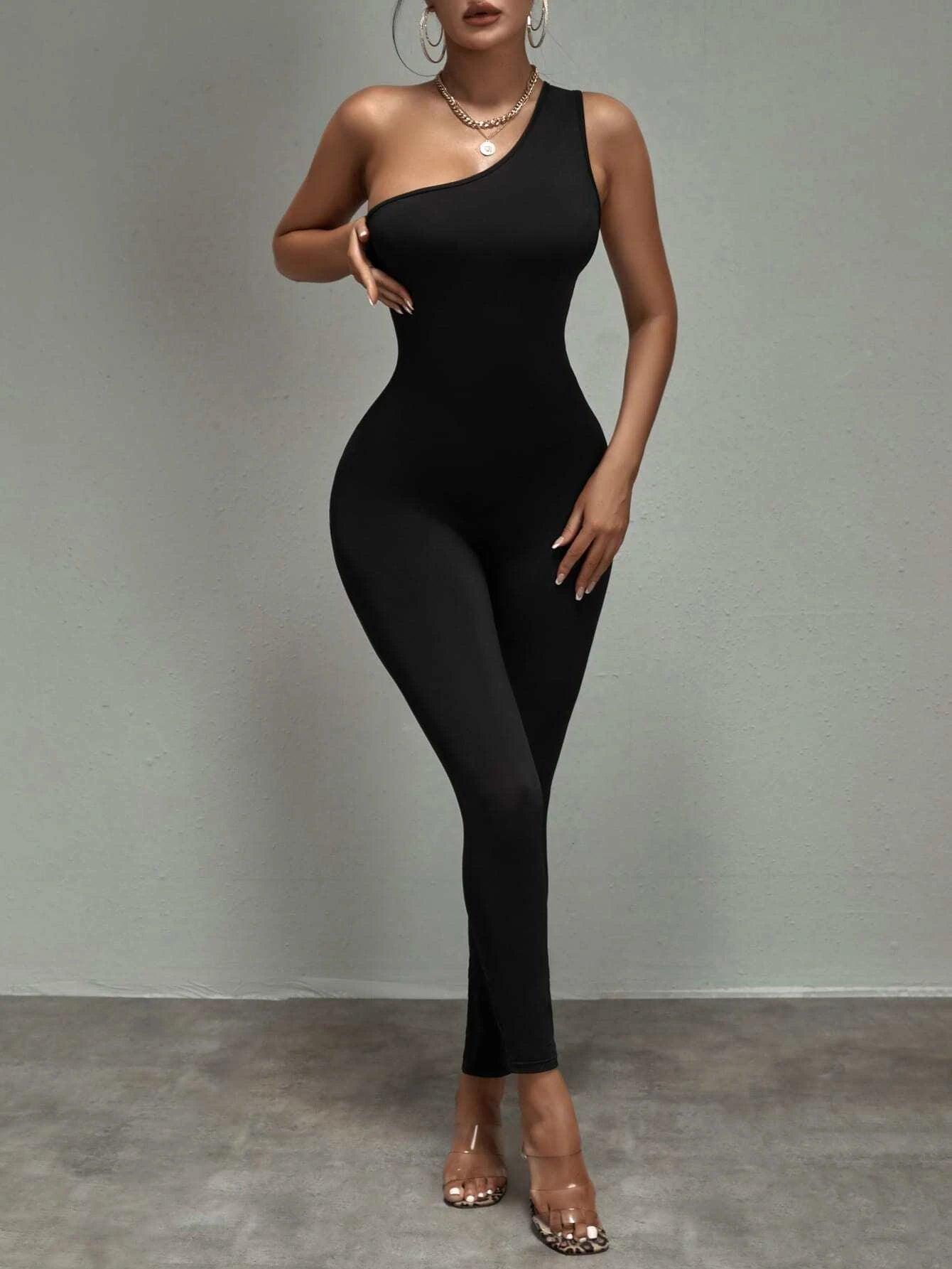 One Shoulder Unitard Jumpsuit-Comfy Jumpsuits
